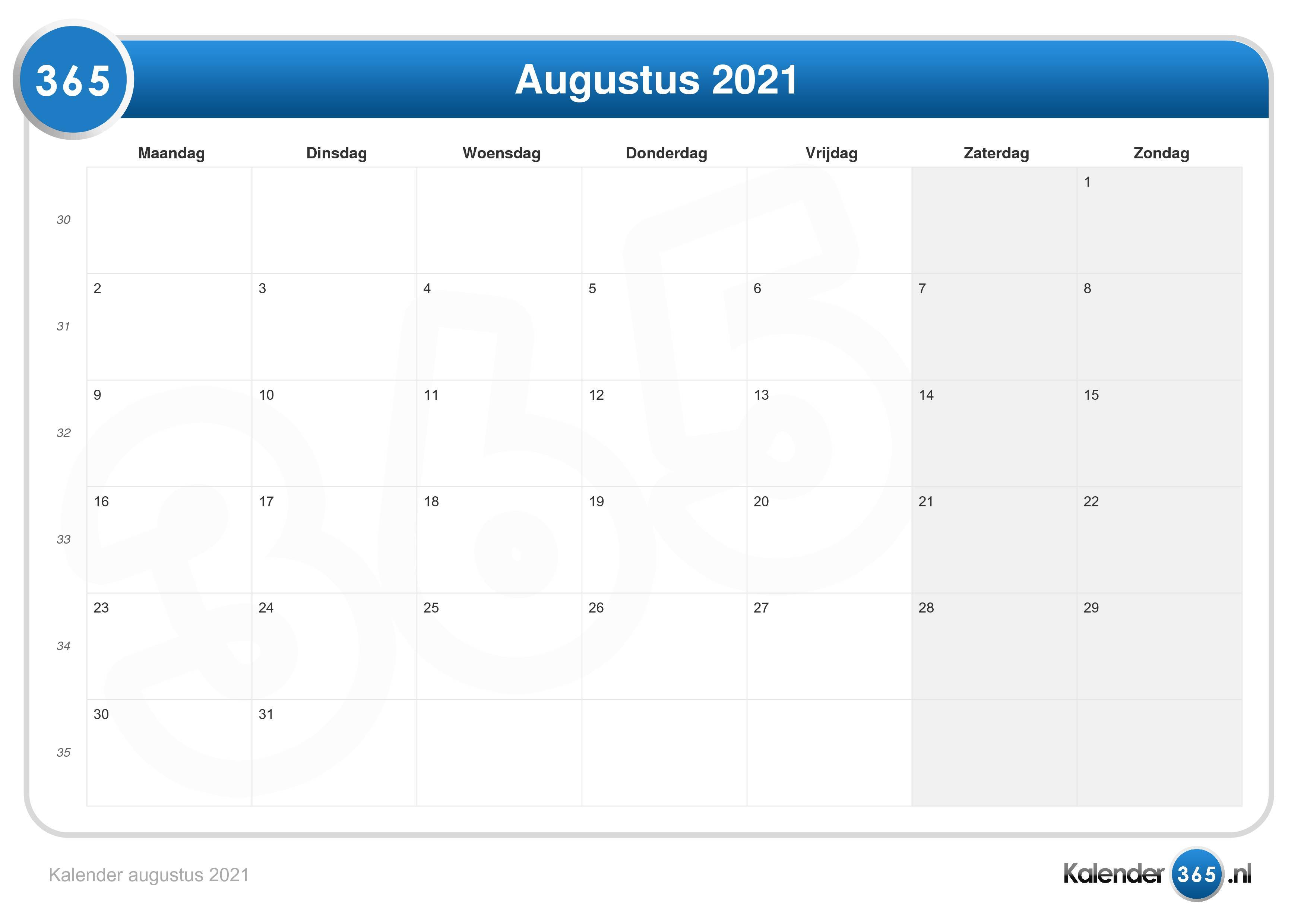 persoon Geschiktheid inhalen Kalender augustus 2021