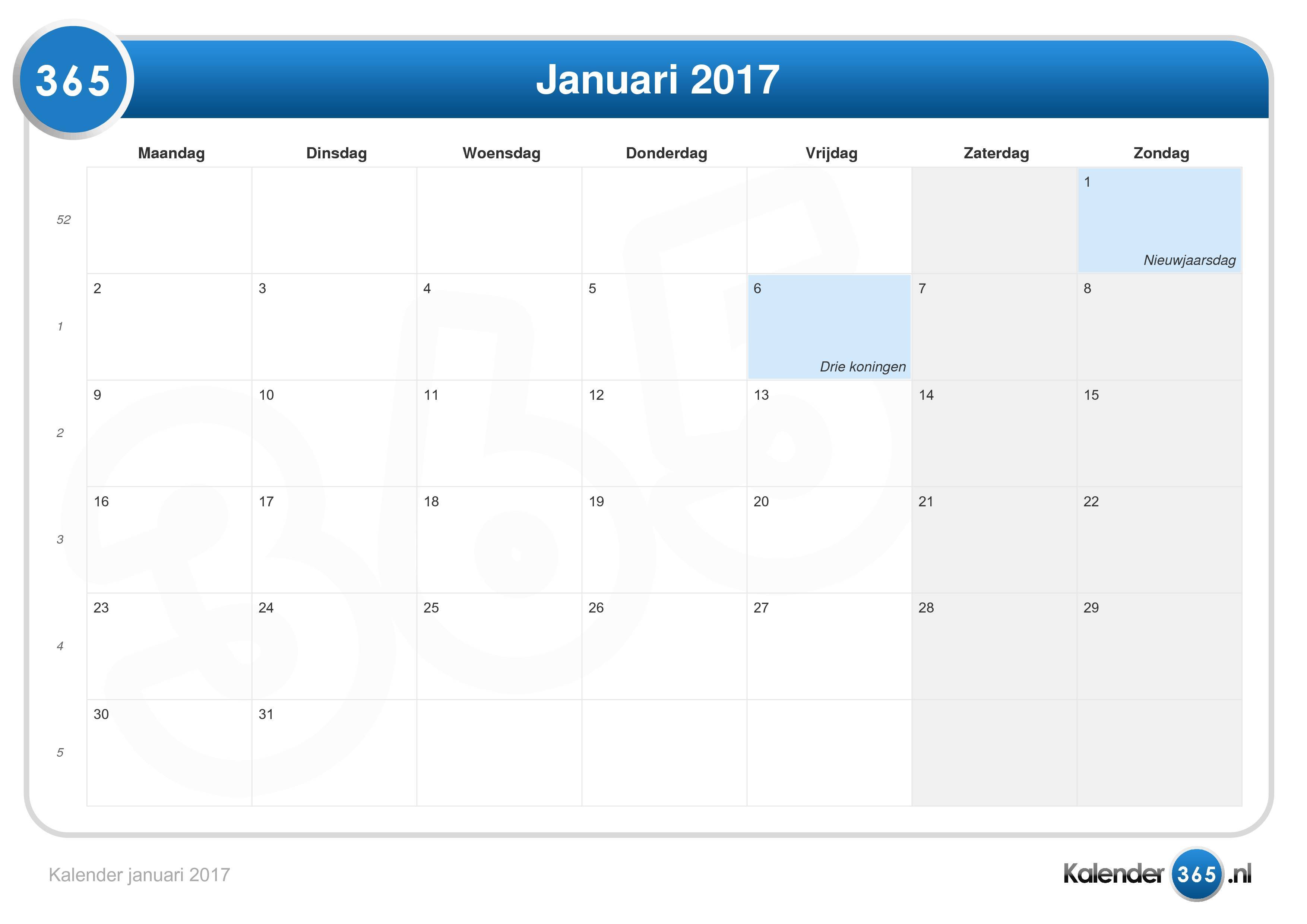 Ordelijk Snor opmerking Kalender januari 2017