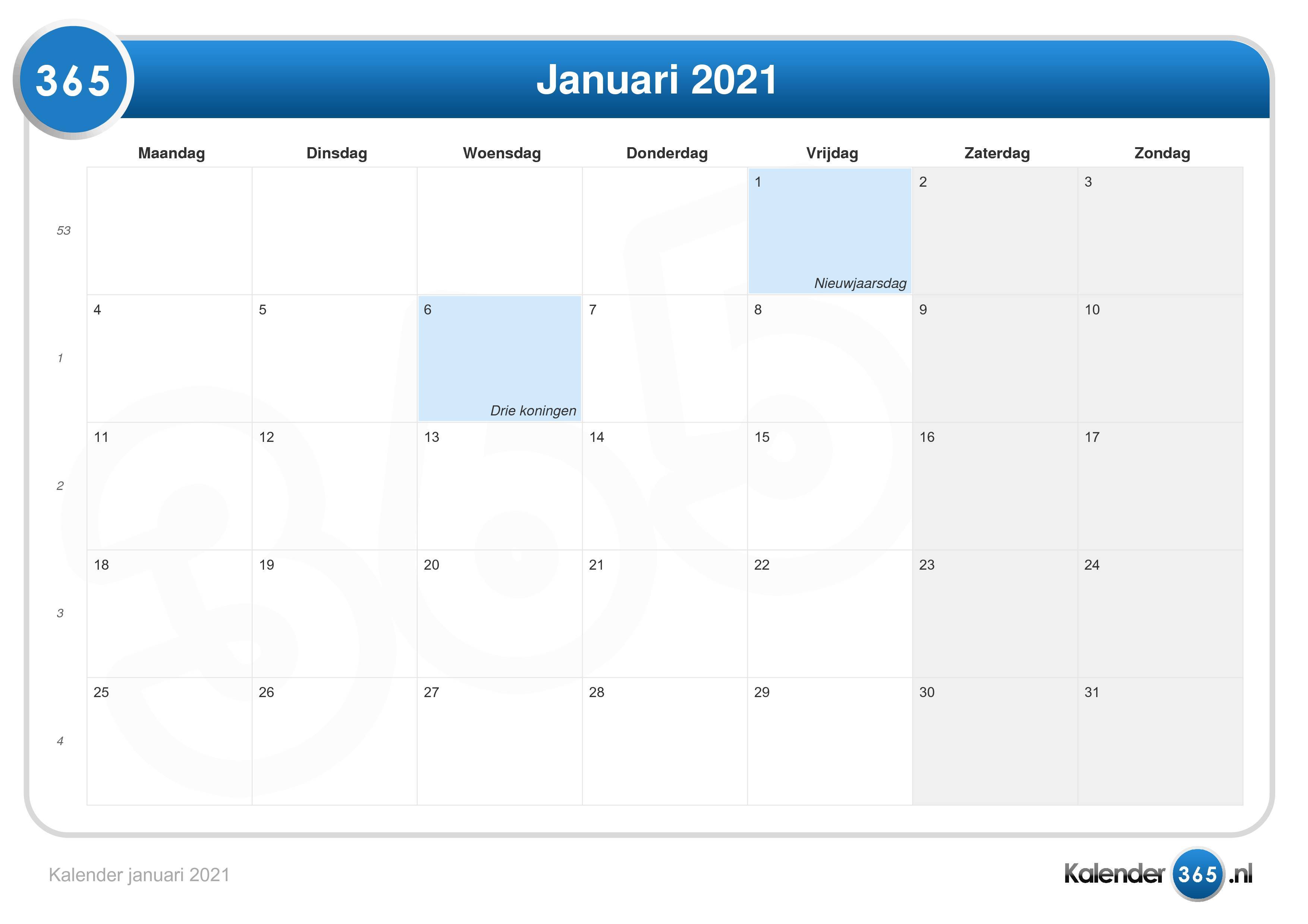 Kalender Januari 2021 Bekijk hier de maandkalender van januari 2021 inclusief weeknummers. https www kalender 365 nl kalender 2021 januari html