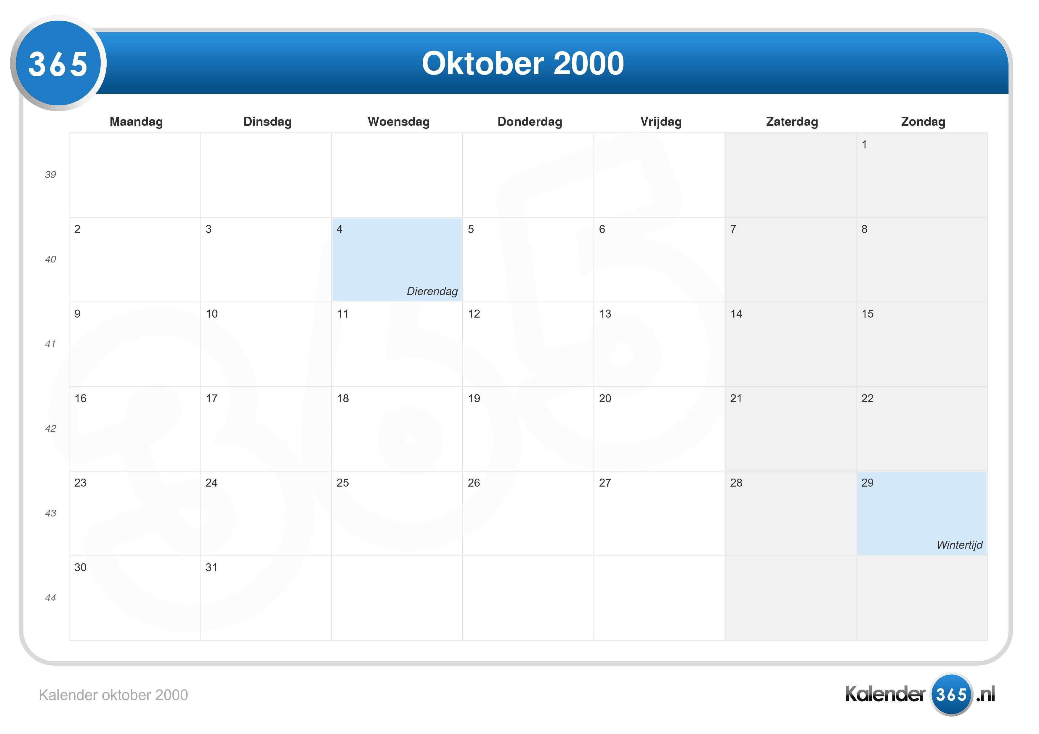  Kalender  oktober  2000 
