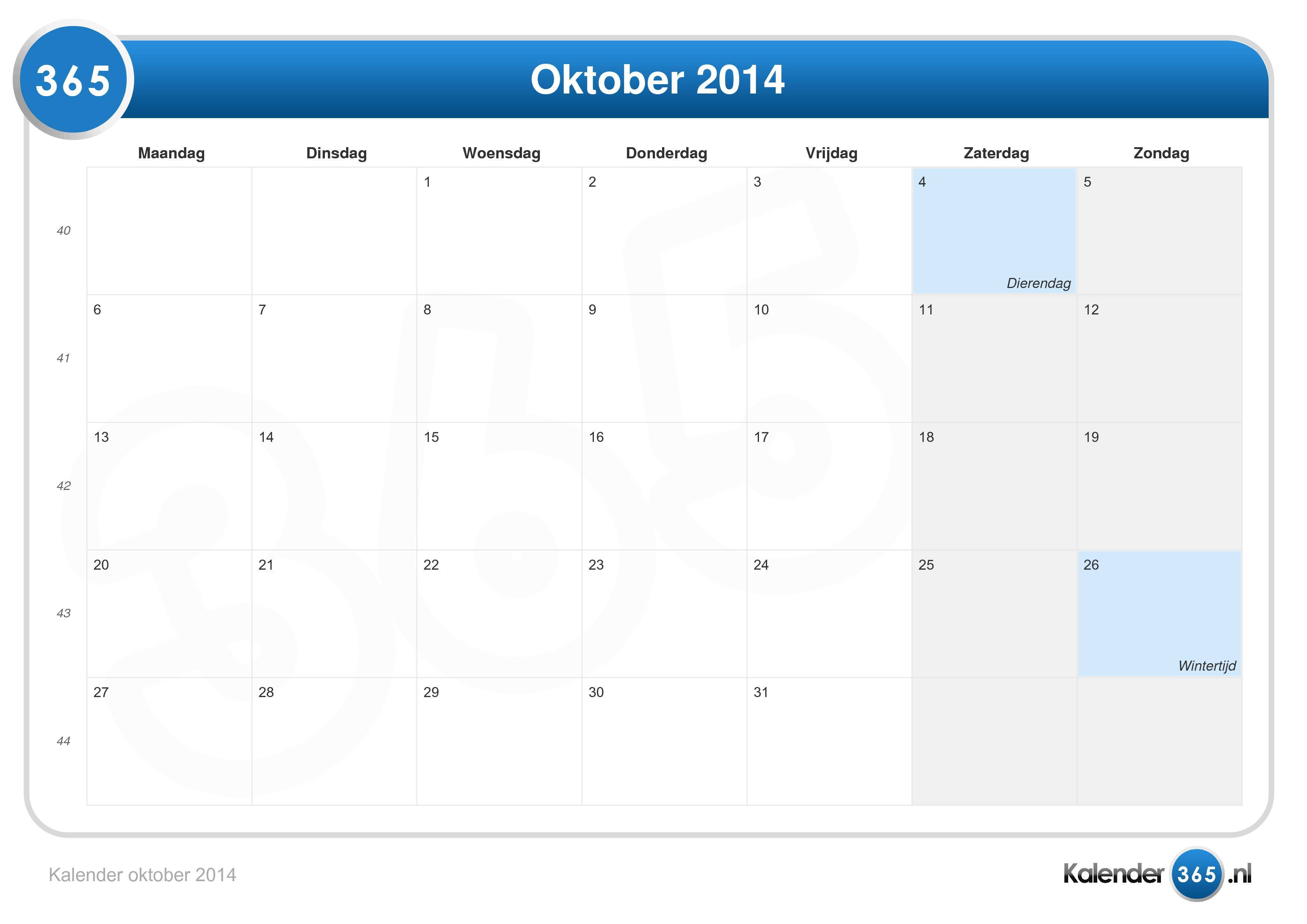 Kalender oktober 2014