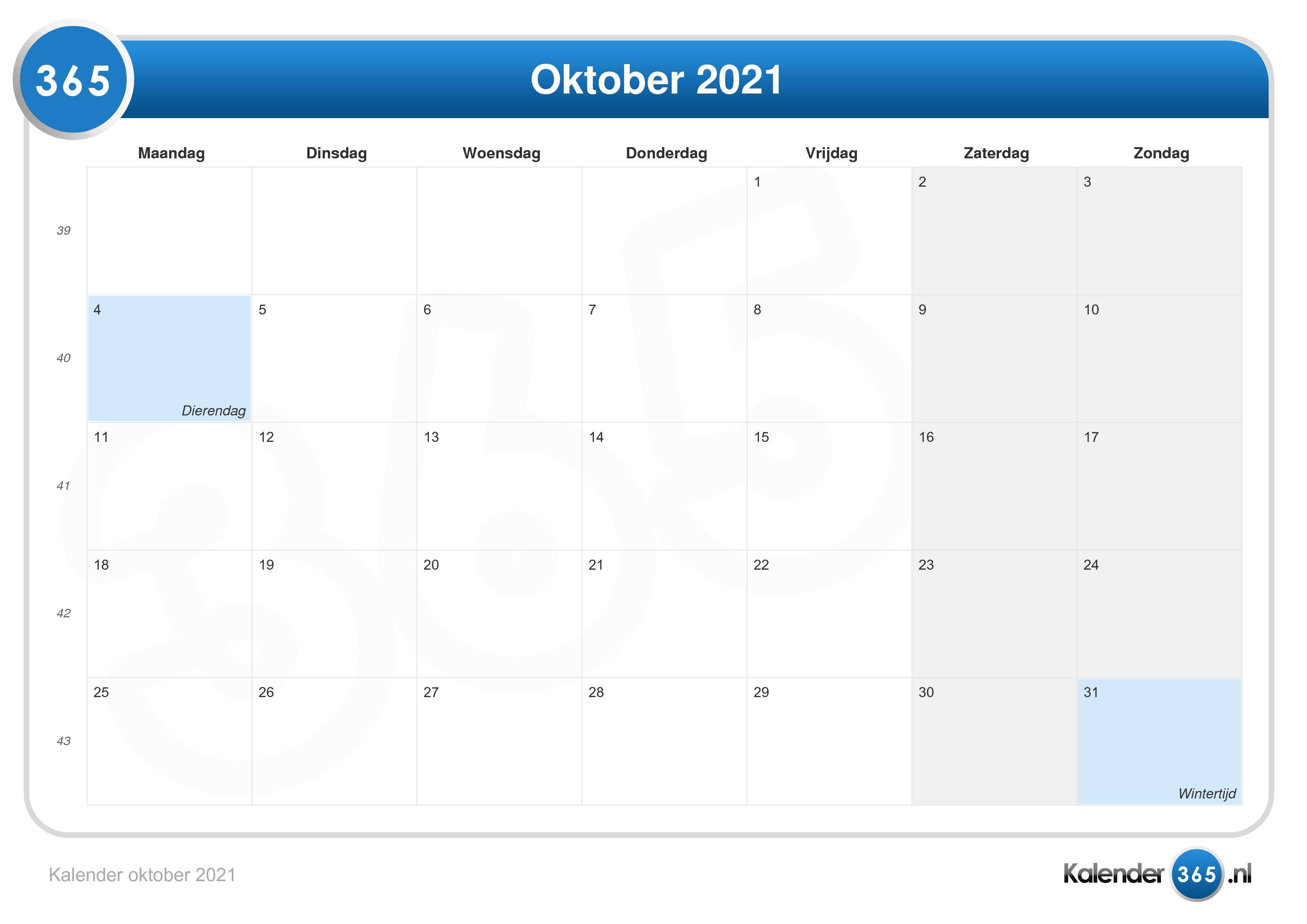 Kalender oktober 2021
